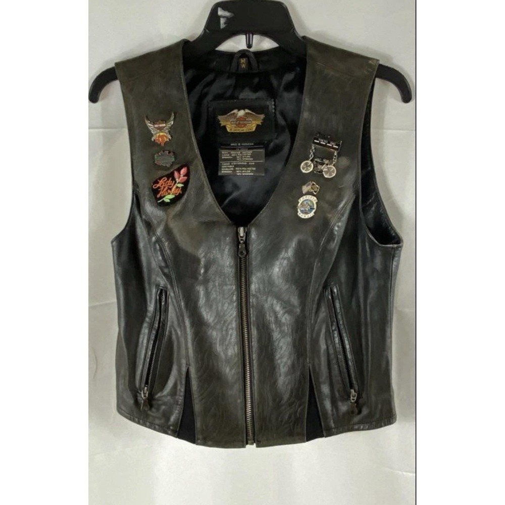 Vintage 1998 Harley-Davidson Leather Biker Vest Patches & Pins Womens Sz M